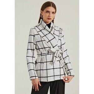 Chicwish Wool Blend Asymmetrical Coat XXS Ivory Grid Print Classic Belted Jacket